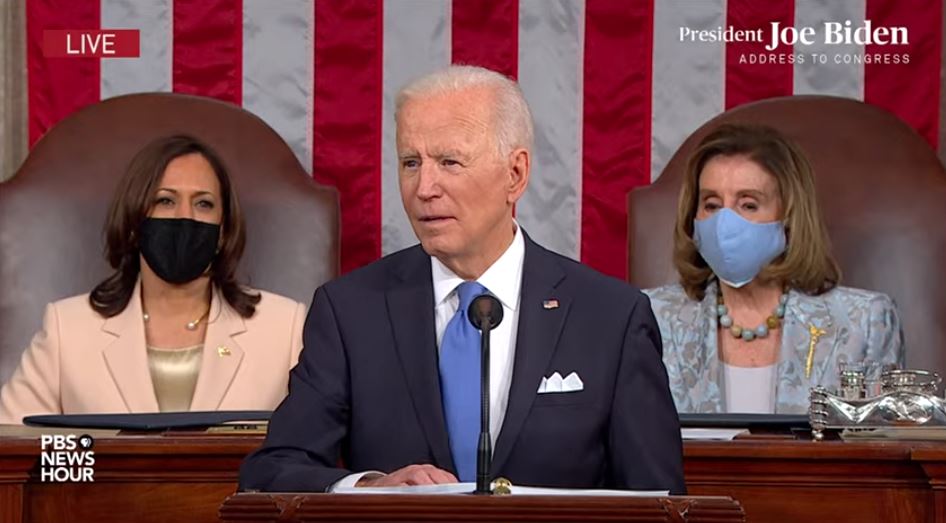 President Joe Biden addressed a joint session of Congress, his first since becomming president, on April 28, 2021, a day before his 100th day in office. It was a smaller event than the normal State of the Union address, with only several hundred in the chamber and no special guests, due to the ongoing coronavirus pandemic.