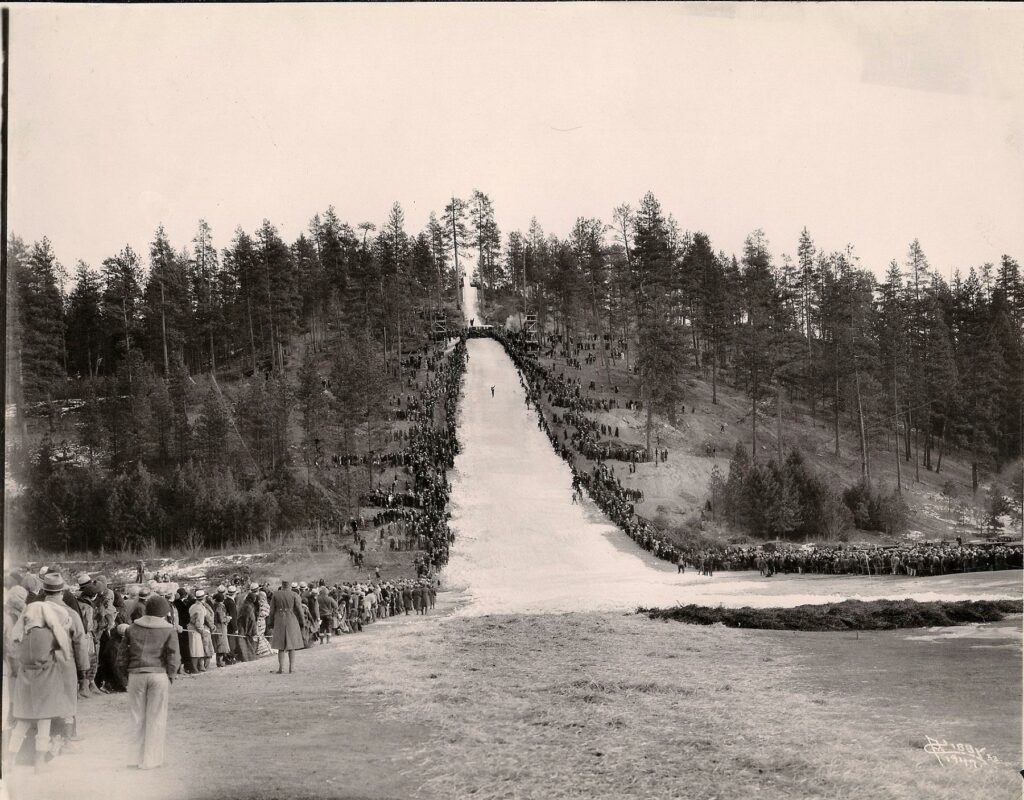 At one time there was a ski jump in the northwest region of Spokane, near the Little Spokane River. Courtesy of TY A. Brown and John W. Lundin / 
