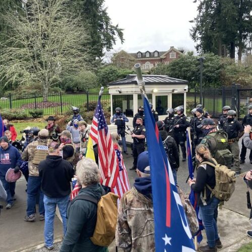 On Jan 6, 2021, a group of pro-Trump supporters breached a security gate at the Governor's executive residence in Olympia. The next capital construction budget includes money for security upgrades to the residence. CREDIT: Austin Jenkins/N3