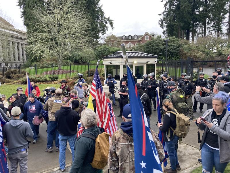 On Jan 6, 2021, a group of pro-Trump supporters breached a security gate at the Governor's executive residence in Olympia. The next capital construction budget includes money for security upgrades to the residence. CREDIT: Austin Jenkins/N3