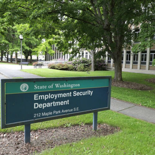 This photo shows a sign at the headquarters for Washington state's Employment Security Department Tuesday, May 26, 2020, at the Capitol in Olympia.