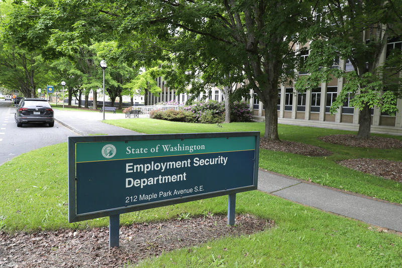 This photo shows a sign at the headquarters for Washington state's Employment Security Department Tuesday, May 26, 2020, at the Capitol in Olympia.