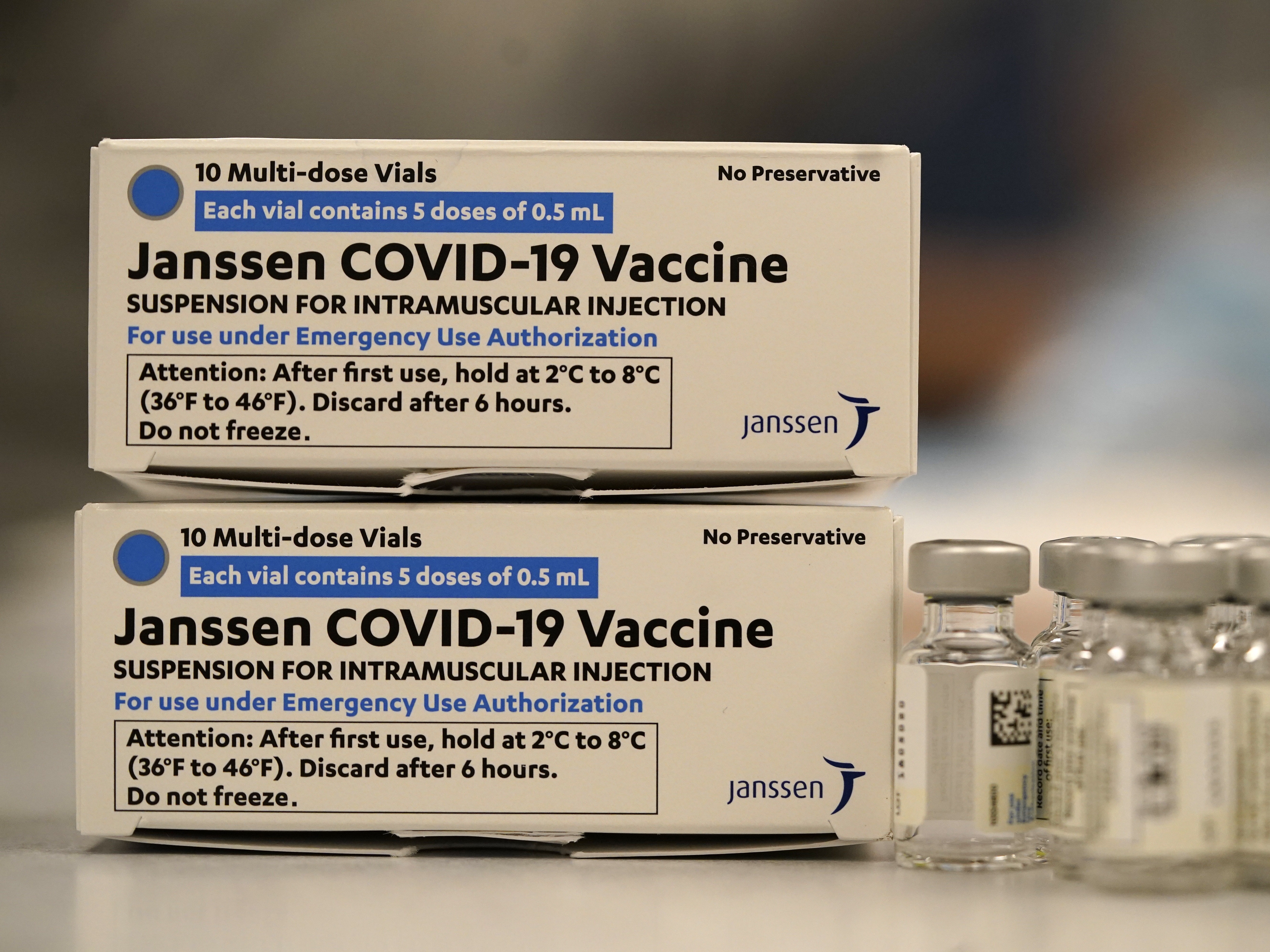 The U.S. Food and Drug Administration and the Centers for Disease Control and Prevention have recommended a pause in the use of the Johnson & Johnson COVID-19 vaccine, shown here in a hospital in Denver. CREDIT: David Zalubowski/AP