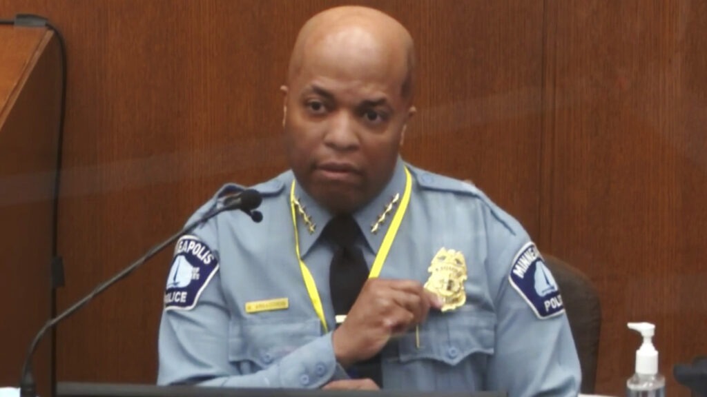 Minneapolis Police Chief Medaria Arradondo testifies Monday in a Hennepin County courtroom during the trial of former officer Derek Chauvin, who faces three criminal charges over the 2020 death of George Floyd. CREDIT: Court TV/Pool via AP