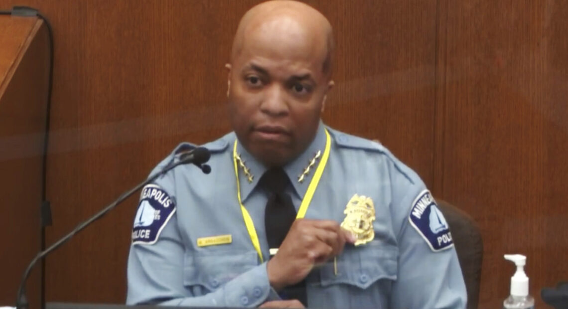 Minneapolis Police Chief Medaria Arradondo testifies Monday in a Hennepin County courtroom during the trial of former officer Derek Chauvin, who faces three criminal charges over the 2020 death of George Floyd. CREDIT: Court TV/Pool via AP