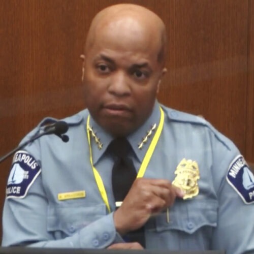 Minneapolis Police Chief Medaria Arradondo testifies Monday in a Hennepin County courtroom during the trial of former officer Derek Chauvin, who faces three criminal charges over the 2020 death of George Floyd. CREDIT: Court TV/Pool via AP