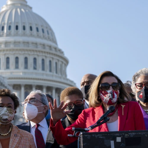 House Speaker Nancy Pelosi speaks alongside members of the Congressional Black Caucus on Tuesday following the verdict against former Minneapolis police officer Derek Chauvin for the murder of George Floyd. Jose Luis Magana/AP