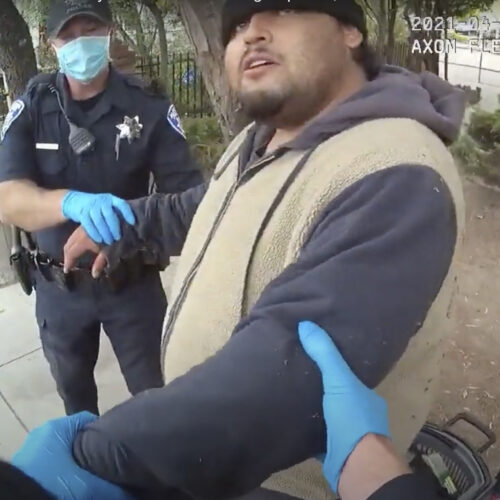 A screenshot of the Alameda Police Department body camera footage shows officers detaining Mario Gonzalez, 26, on April 19. Gonzalez died soon after. CREDIT: Alameda Police Department via AP