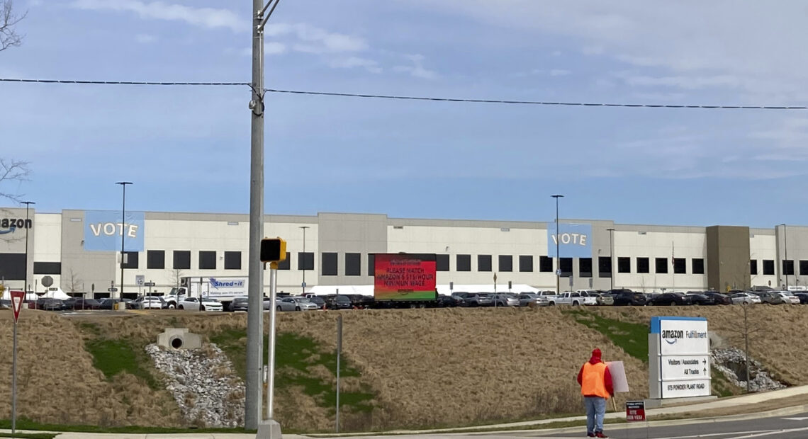 Workers at Amazon's facility in Bessemer, Ala., held a historic vote on whether to form the company's first warehouse union. CREDIT: Bill Barrow/AP