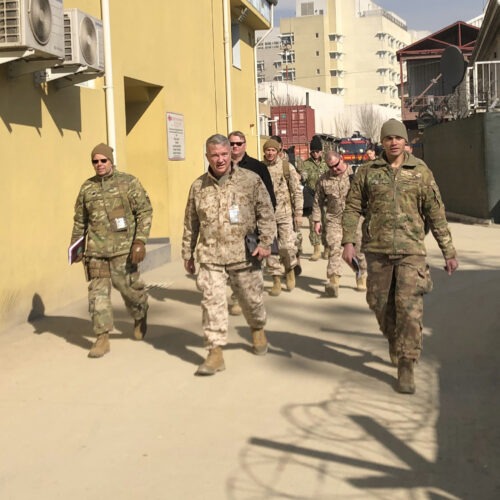 Marine Gen. Frank McKenzie, (center) is shown visiting Kabul, Afghanistan in January 2020. The Biden administration said it plans to complete a draw down of U.S. troops in the country by Sept. 11. CREDIT: Lolita Baldor/AP