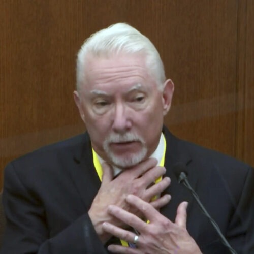 Barry Brodd, a use-of-force expert, testifies Tuesday in former Minneapolis police officer Derek Chauvin's trial. Brodd said the position in which George Floyd was restrained — facedown on the ground — was safest for officers and the suspect. CREDIT: Court TV/Pool via AP