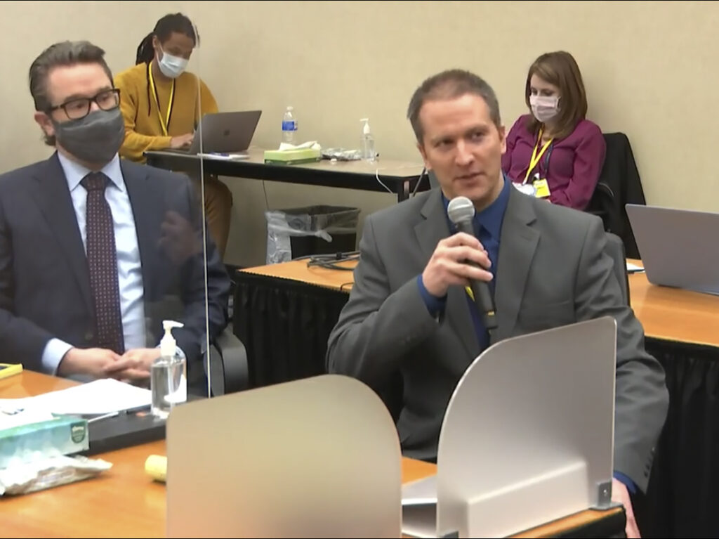 Former Minneapolis police officer Derek Chauvin tells the judge on Thursday he will not testify on his own behalf in his trial over the death of George Floyd. His attorney, Eric Nelson, is seen at left. Court TV/Pool via AP