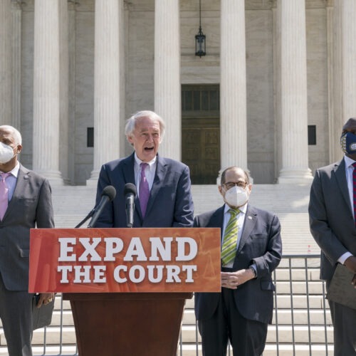 Democratic Rep. Hank Johnson (from left), Sen. Ed Markey, House Judiciary Committee Chairman Jerrold Nadler and Rep. Mondaire Jones announce legislation Thursday to expand the number of seats on the U.S. Supreme Court outside the high court. CREDIT: J. Scott Applewhite/AP