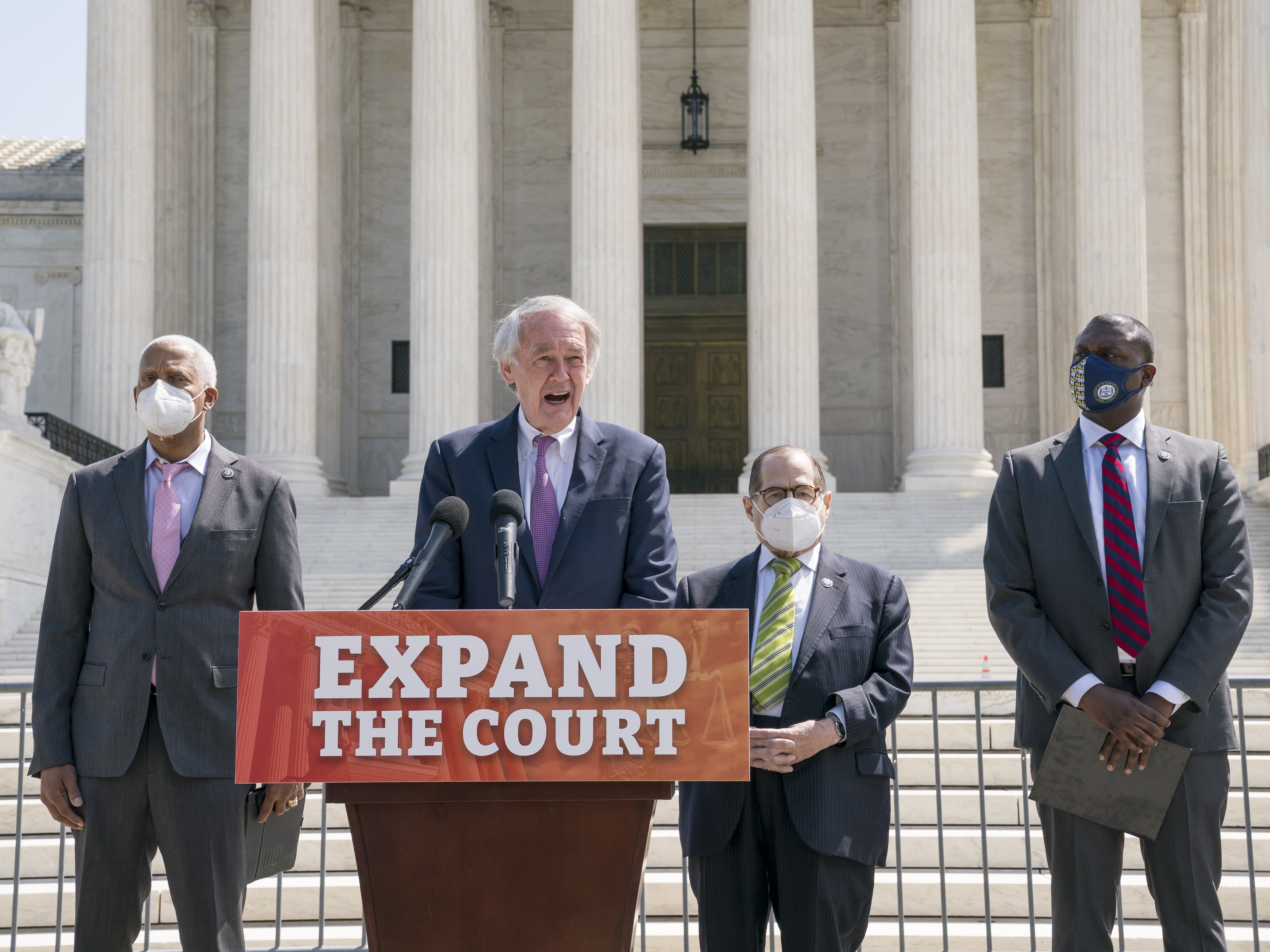 Democratic Rep. Hank Johnson (from left), Sen. Ed Markey, House Judiciary Committee Chairman Jerrold Nadler and Rep. Mondaire Jones announce legislation Thursday to expand the number of seats on the U.S. Supreme Court outside the high court. CREDIT: J. Scott Applewhite/AP