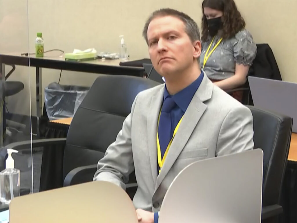 Former Minneapolis police officer Derek Chauvin listens to his defense attorney make closing arguments on Monday during his trial in the death of George Floyd. Court TV via AP