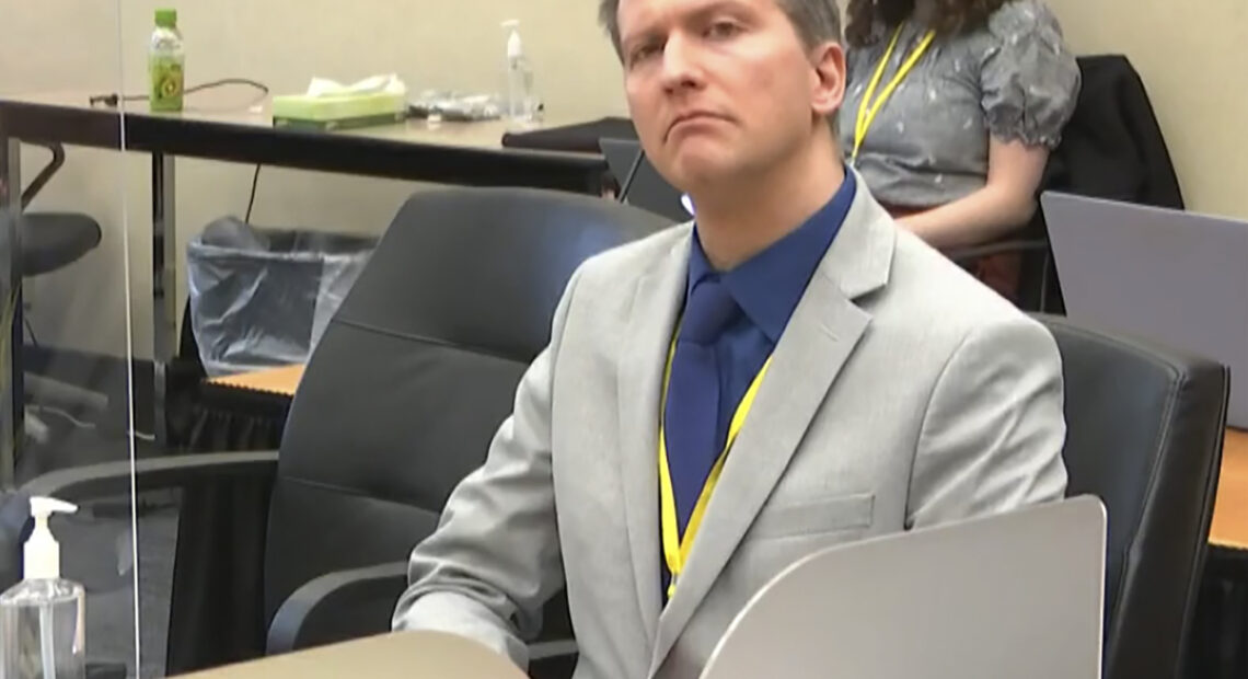Former Minneapolis police officer Derek Chauvin listens to his defense attorney make closing arguments on Monday during his trial in the death of George Floyd. Court TV via AP