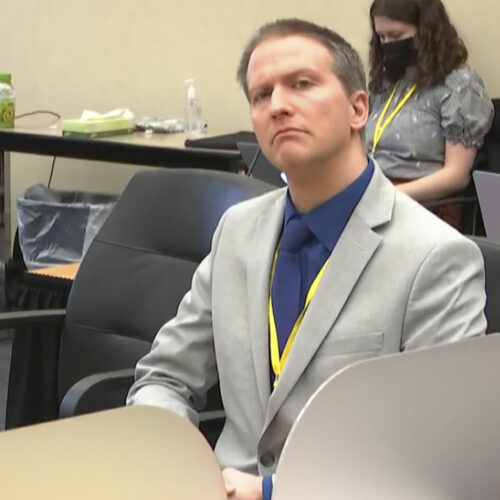 Former Minneapolis police officer Derek Chauvin listens to his defense attorney make closing arguments on Monday during his trial in the death of George Floyd. Court TV via AP