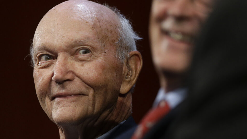 Apollo 11 astronaut Michael Collins (left) at a 2014 event with Apollo 16 astronaut Charles Duke (right.) Steven Senne/AP