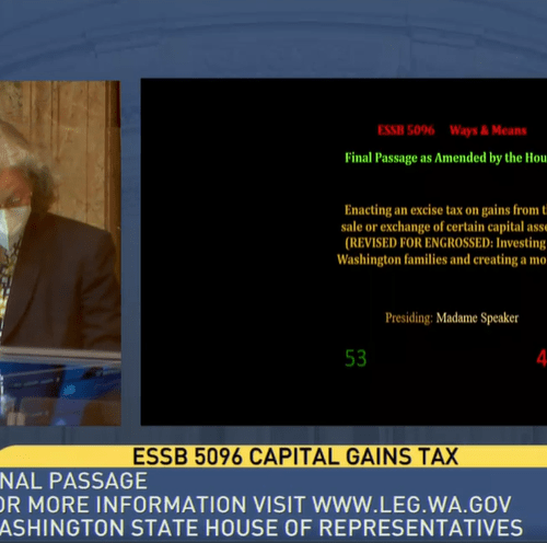 Legislators in the Washington House approved a bill on Wednesday that calls for a capital gains tax. The measure now returns to the Senate, which passed a similar bill earlier this year. CREDIT: TVW/screenshot