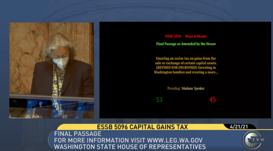 Legislators in the Washington House approved a bill on Wednesday that calls for a capital gains tax. The measure now returns to the Senate, which passed a similar bill earlier this year. CREDIT: TVW/screenshot