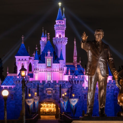 ANAHEIM, CA - APRIL 26: In this handout photo provided by Disneyland Resort, a view of Sleeping Beauty Castle in Disneyland Park illuminated during a special live streamed moment to welcome Cast Members back to the resort on April 26, 2021 at Disneyland Resort in Anaheim, California. Disneyland Resort theme parks will reopen to guests on Friday, April 30, 2021. (Photo by Christian Thompson/Disneyland Resort via Getty Images)