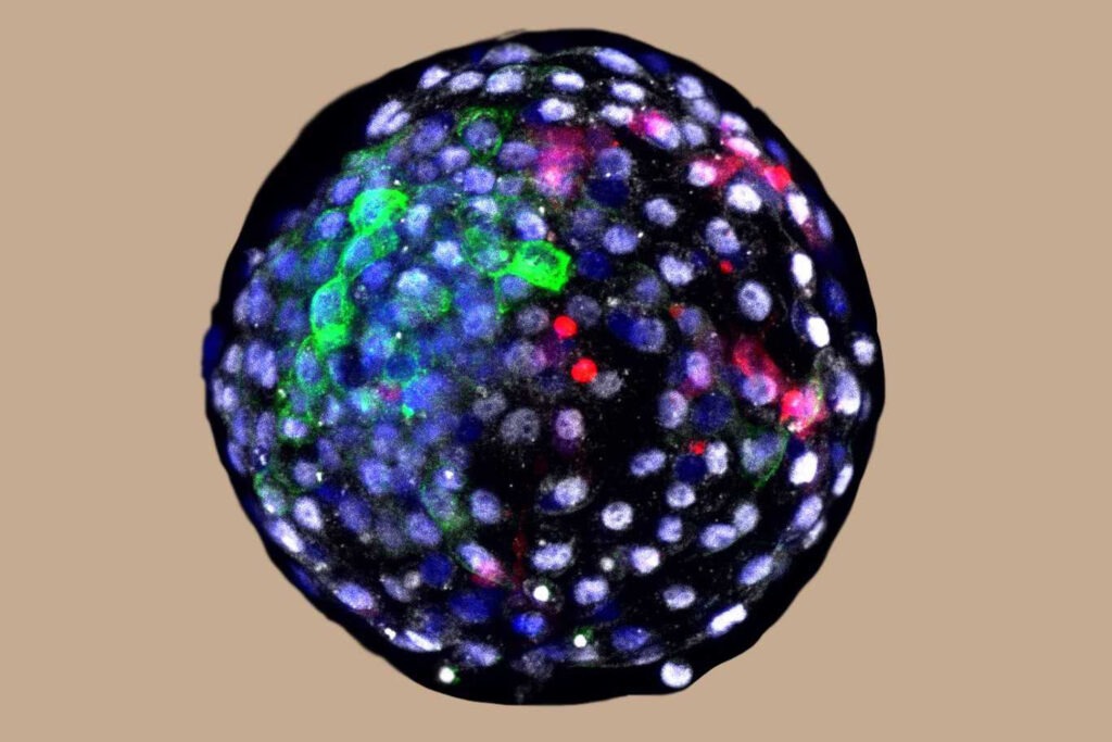 Using fluorescent antibody-based stains and advanced microscopy, researchers are able to visualize cells of different species origins in an early stage chimeric embryo. The red color indicates the cells of human origin. CREDIT: Weizhi Ji/Kunming University of Science and Technology