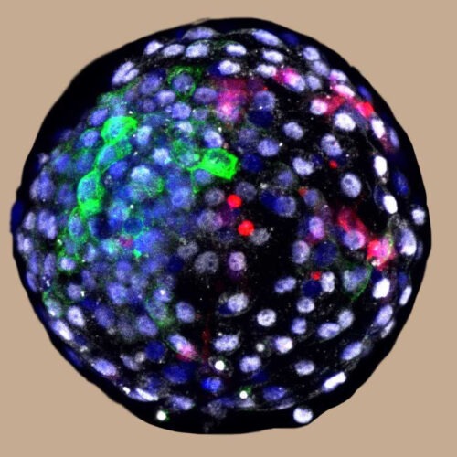 Using fluorescent antibody-based stains and advanced microscopy, researchers are able to visualize cells of different species origins in an early stage chimeric embryo. The red color indicates the cells of human origin. CREDIT: Weizhi Ji/Kunming University of Science and Technology