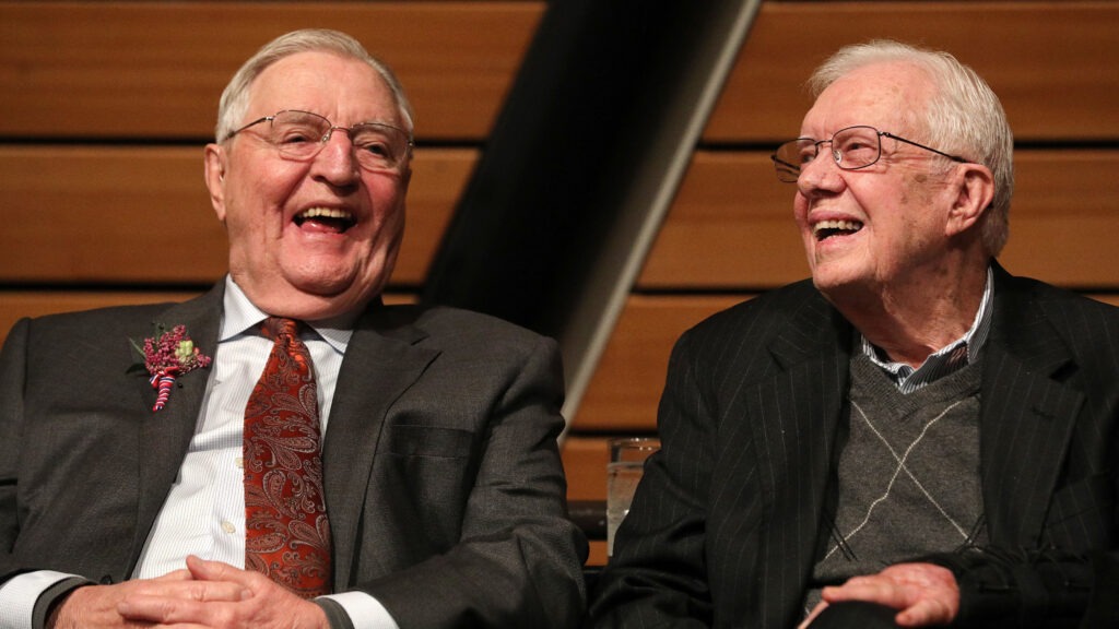 Former Vice President Walter Mondale, left, and former President Jimmy Carter appeared together in 2018, marking Mondale's 90th birthday. CREDIT: Star Tribune via Getty Images