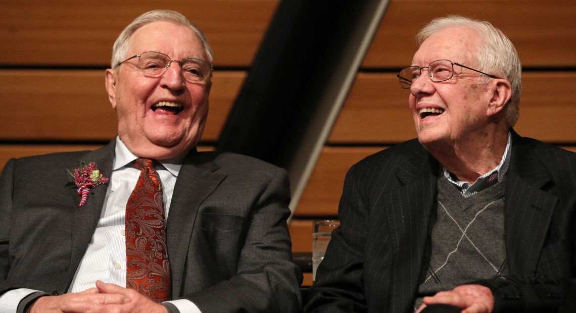 Former Vice President Walter Mondale, left, and former President Jimmy Carter appeared together in 2018, marking Mondale's 90th birthday. CREDIT: Star Tribune via Getty Images