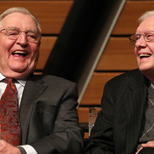 Former Vice President Walter Mondale, left, and former President Jimmy Carter appeared together in 2018, marking Mondale's 90th birthday. CREDIT: Star Tribune via Getty Images