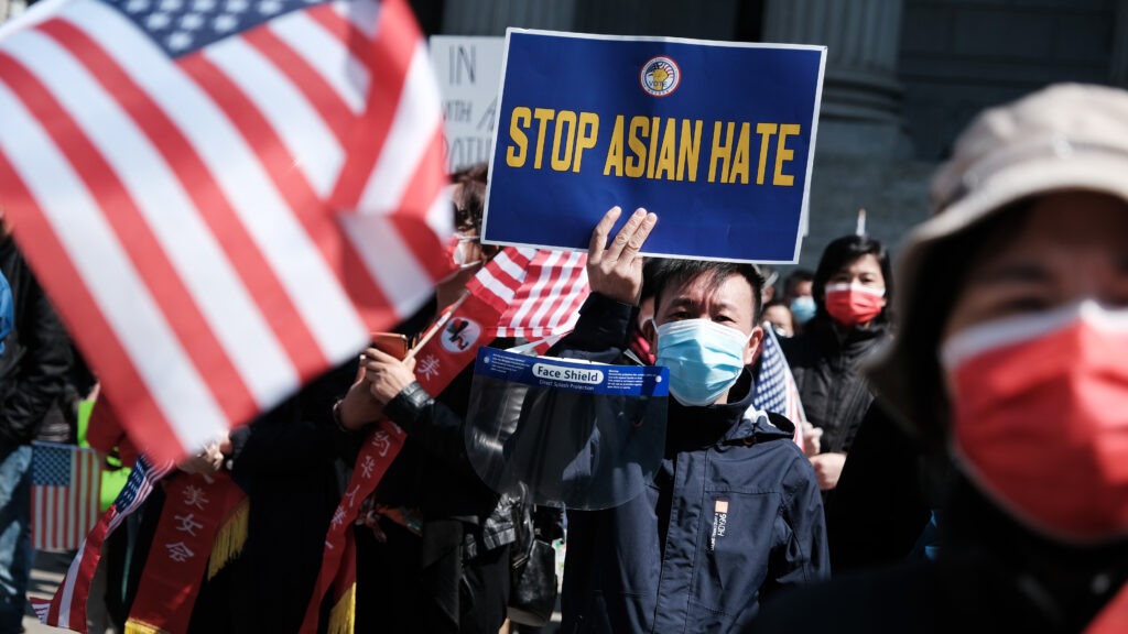 People participate in a protest to demand an end to anti-Asian violence on April 4 in New York City. In a new incident, an Asian man was attacked in New York City on Friday, April 23. CREDIT: Spencer Platt/Getty Images