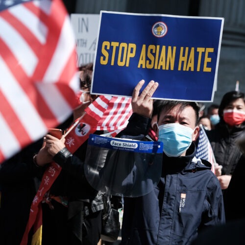 People participate in a protest to demand an end to anti-Asian violence on April 4 in New York City. In a new incident, an Asian man was attacked in New York City on Friday, April 23. CREDIT: Spencer Platt/Getty Images