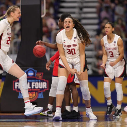 Haley Jones #30 of the Stanford Cardinal celebrates a win against the Arizona Wildcats in the national championship game of the 2021 NCAA Women's Basketball Tournament on Sunday in San Antonio. CREDIT: Carmen Mandato/Getty Images