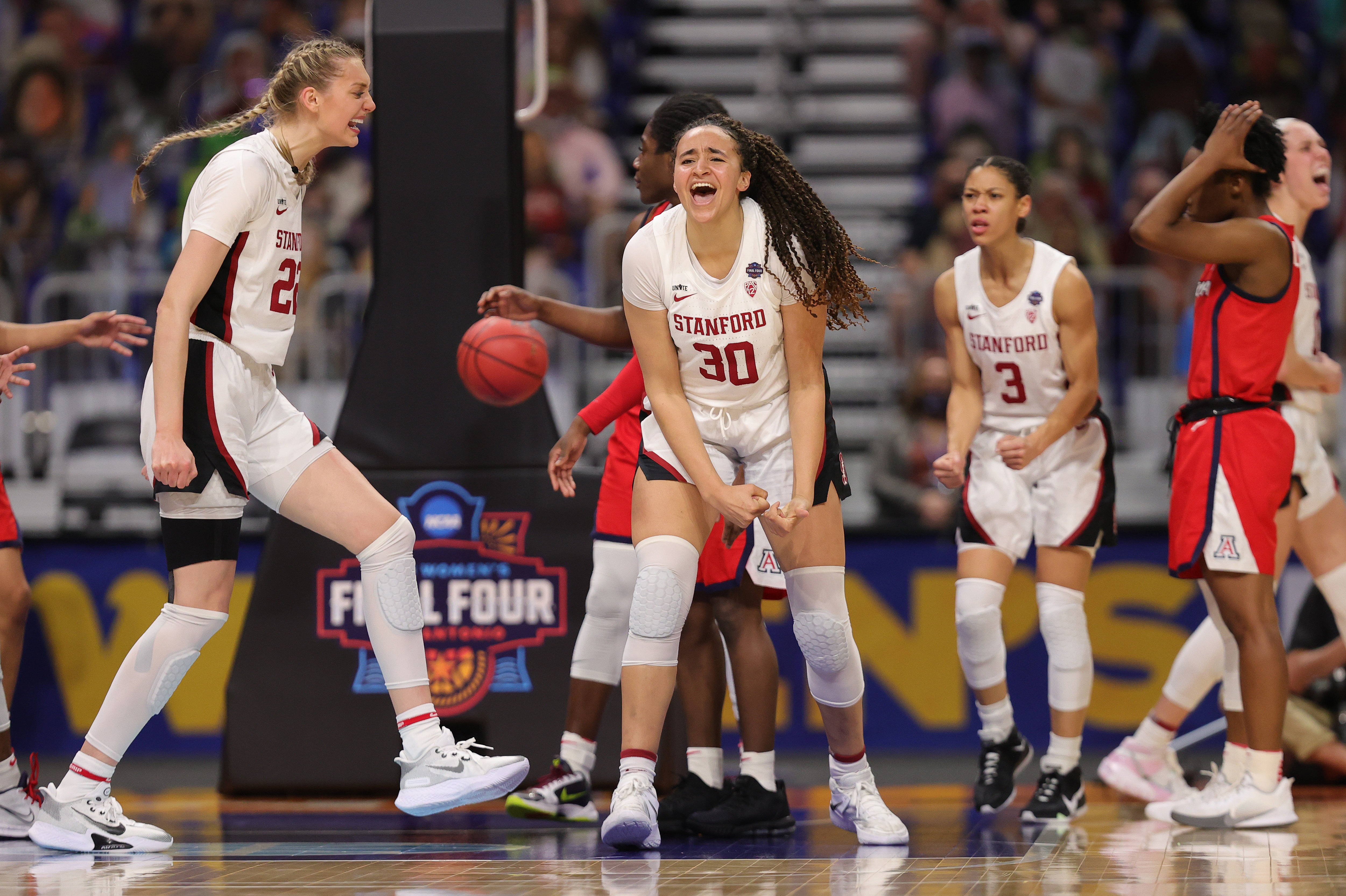 Haley Jones #30 of the Stanford Cardinal celebrates a win against the Arizona Wildcats in the national championship game of the 2021 NCAA Women's Basketball Tournament on Sunday in San Antonio. CREDIT: Carmen Mandato/Getty Images