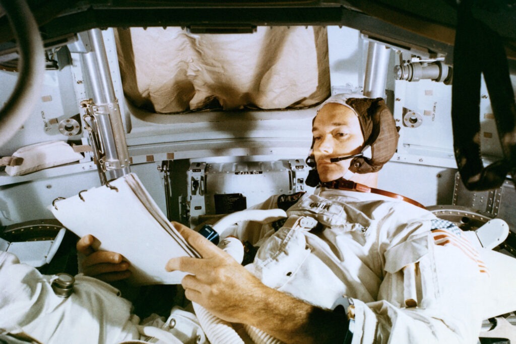 Astronaut Michael Collins, studies flight plan during simulation training at the Kennedy Space Center prior to the scheduled Apollo 11 mission. Bettmann Archive/Getty Images