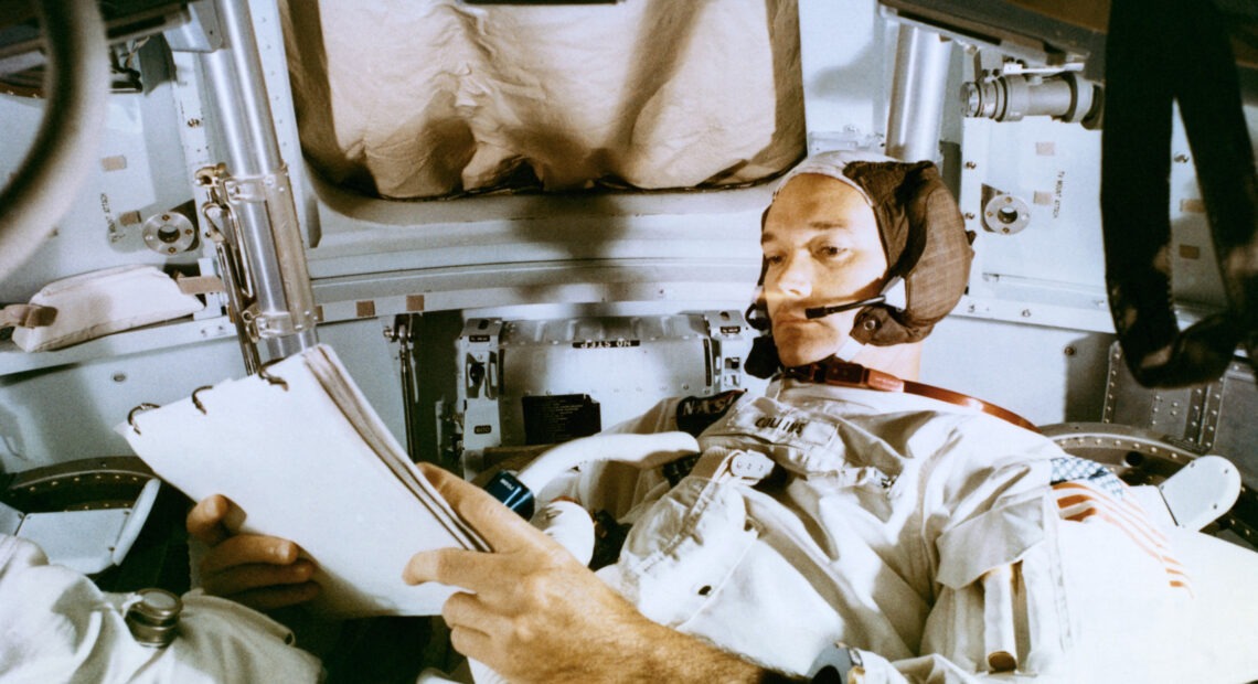 Astronaut Michael Collins, studies flight plan during simulation training at the Kennedy Space Center prior to the scheduled Apollo 11 mission. Bettmann Archive/Getty Images