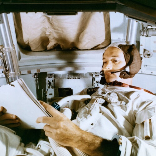 Astronaut Michael Collins, studies flight plan during simulation training at the Kennedy Space Center prior to the scheduled Apollo 11 mission. Bettmann Archive/Getty Images