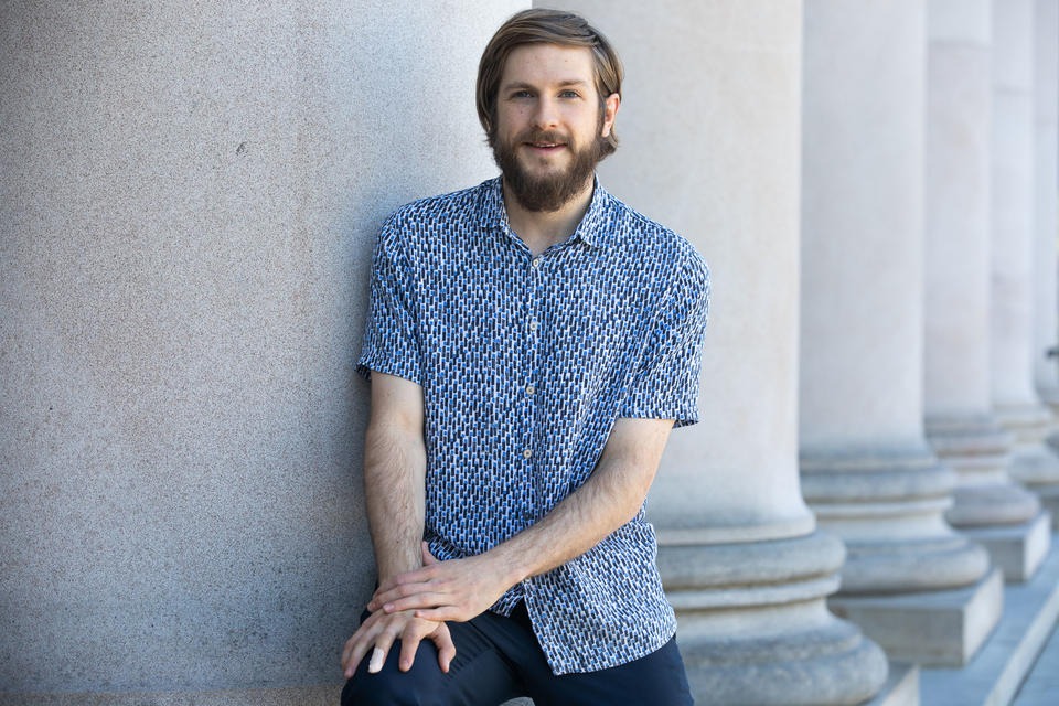 Keegan Skeate, a whistleblower who supplied information to Washington Liquor & Cannabis Board that Praxis Laboratory, a well-known marijuana testing lab, was changing its testing results. Photographed at the Washington state Capitol building in Olympia, on April 14, 2021. CREDIT: Matt M. McKnight/Crosscut