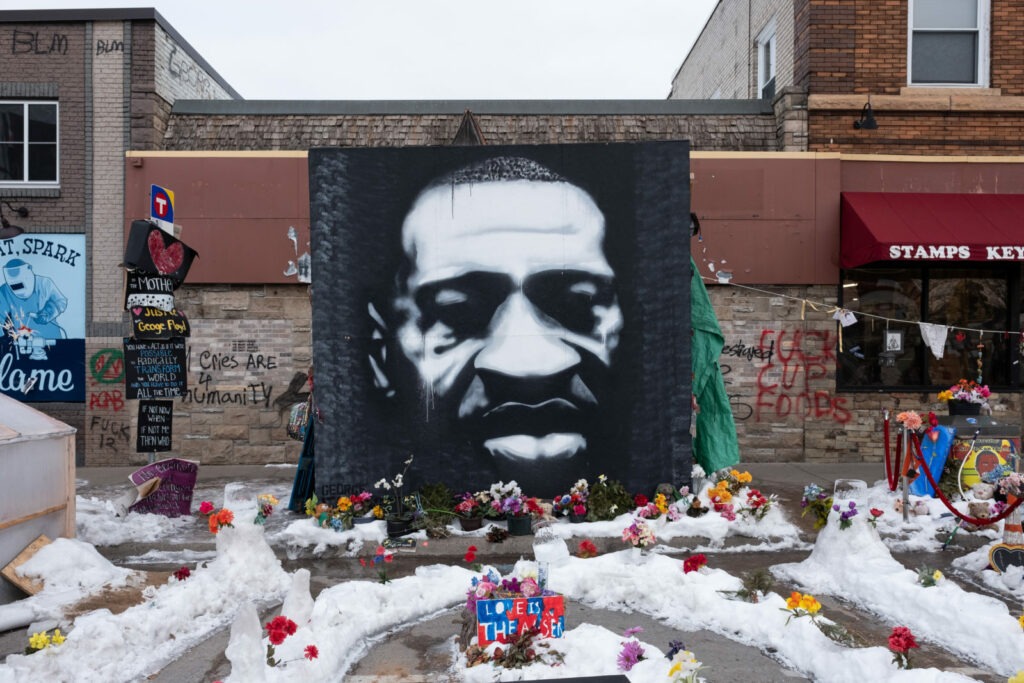 A mural of George Floyd at the intersection of 38th Street and Chicago Avenue S. in Minneapolis, United States, on January 18, 2021. (Photo by Tim Evans/NurPhoto via Getty Images)