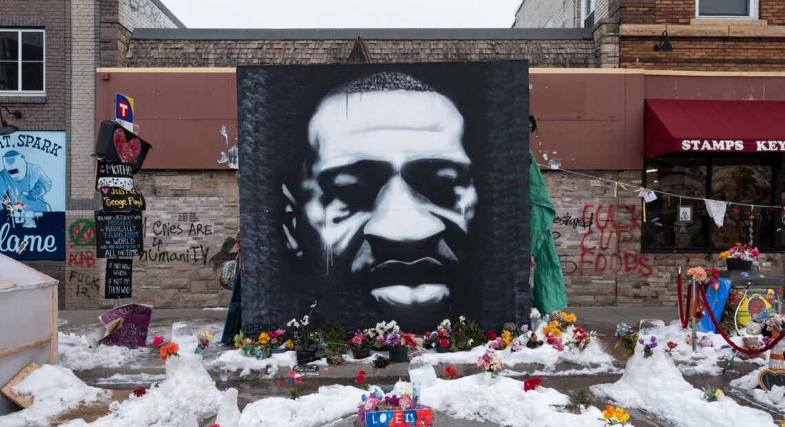 A mural of George Floyd at the intersection of 38th Street and Chicago Avenue S. in Minneapolis, United States, on January 18, 2021. (Photo by Tim Evans/NurPhoto via Getty Images)