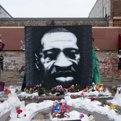 A mural of George Floyd at the intersection of 38th Street and Chicago Avenue S. in Minneapolis, United States, on January 18, 2021. (Photo by Tim Evans/NurPhoto via Getty Images)