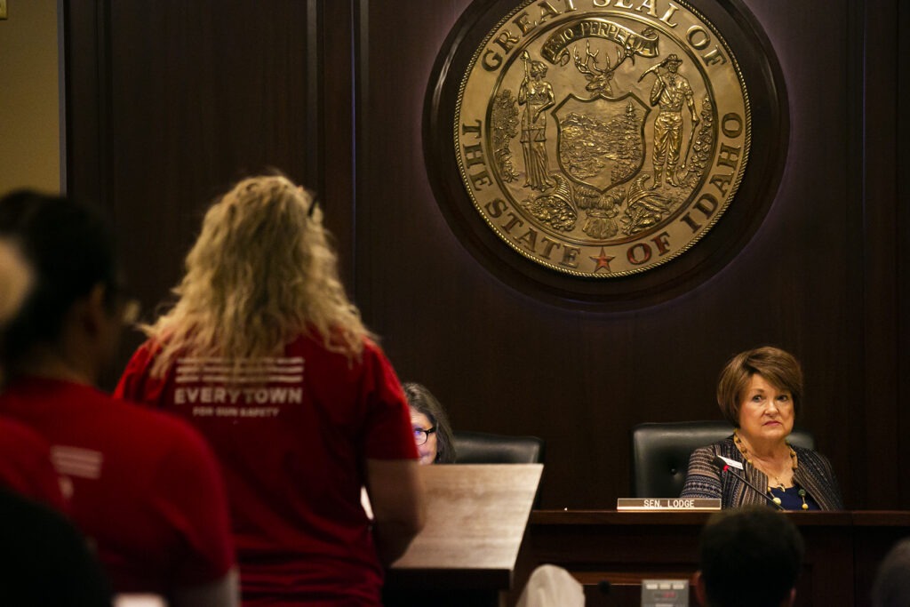 During a March 2020 hearing, Senate State Affairs Committee chairwoman Patti Anne Lodge eyes a line of activists against gun violence ready to testify against a guns-in-schools bill. CREDIT: Sami Edge/Idaho EdNews