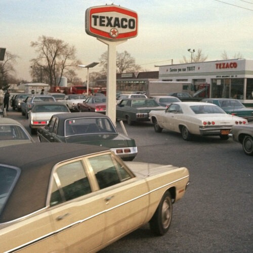 Motorists line up at a gas station on New York's Long Island, hoping to fill their tanks during the gasoline shortage of 1973-74. Long lines and fuel restrictions were common across the country.