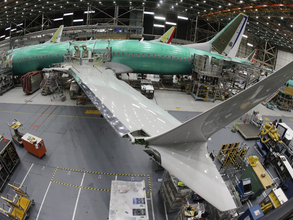 A Boeing 737 MAX 8 airplane sits on the assembly line at Boeing's 737 assembly facility in 2019. CREDIT: Ted S. Warren/AP