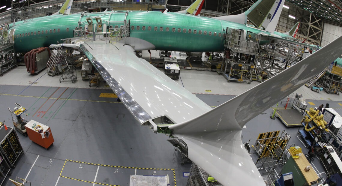 A Boeing 737 MAX 8 airplane sits on the assembly line at Boeing's 737 assembly facility in 2019. CREDIT: Ted S. Warren/AP