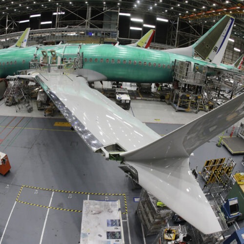 A Boeing 737 MAX 8 airplane sits on the assembly line at Boeing's 737 assembly facility in 2019. CREDIT: Ted S. Warren/AP