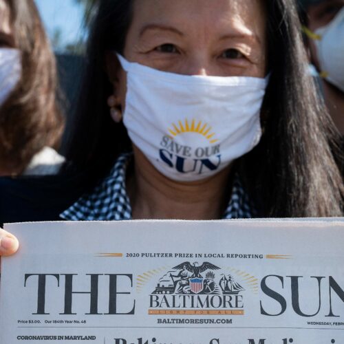 Baltimore Sun reporter Jean Marbella participated in a Save Our Sun rally in March, part of an effort to secure an alternative buyer to Alden Global CREDIT: JIM WATSON/AFP via Getty Images
