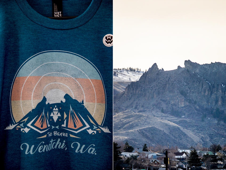 Left, one of the first designs for Wenatchi Wear by Mary Big Bull-Lewis. Right, the inspiration for the design, Two Bears mountain overlooking Wenatchee. CREDIT: Dorothy Edwards/Crosscut