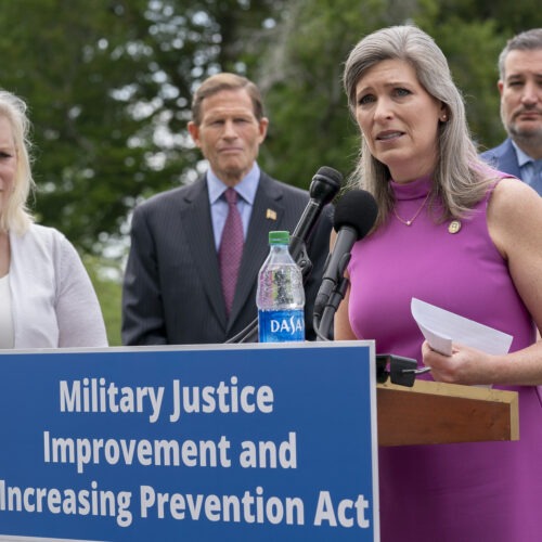 For years, New York Democratic Sen. Kirsten Gillibrand (left) has sought approval of her bill to reform the military's criminal justice system. This year, Gillibrand joined forces with Iowa Republican Sen. Joni Ernst, seen here, a sexual assault survivor herself before she became a combat company commander. Stefani Reynolds/Getty Images