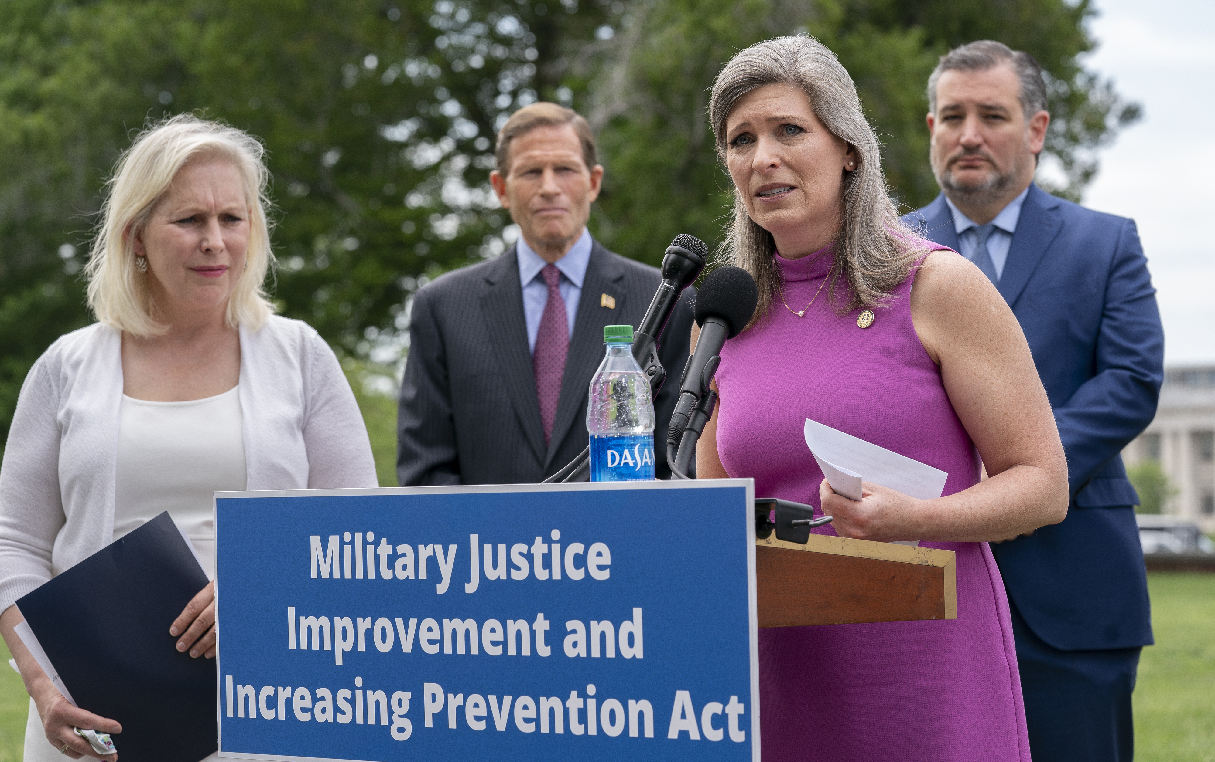 For years, New York Democratic Sen. Kirsten Gillibrand (left) has sought approval of her bill to reform the military's criminal justice system. This year, Gillibrand joined forces with Iowa Republican Sen. Joni Ernst, seen here, a sexual assault survivor herself before she became a combat company commander. Stefani Reynolds/Getty Images
